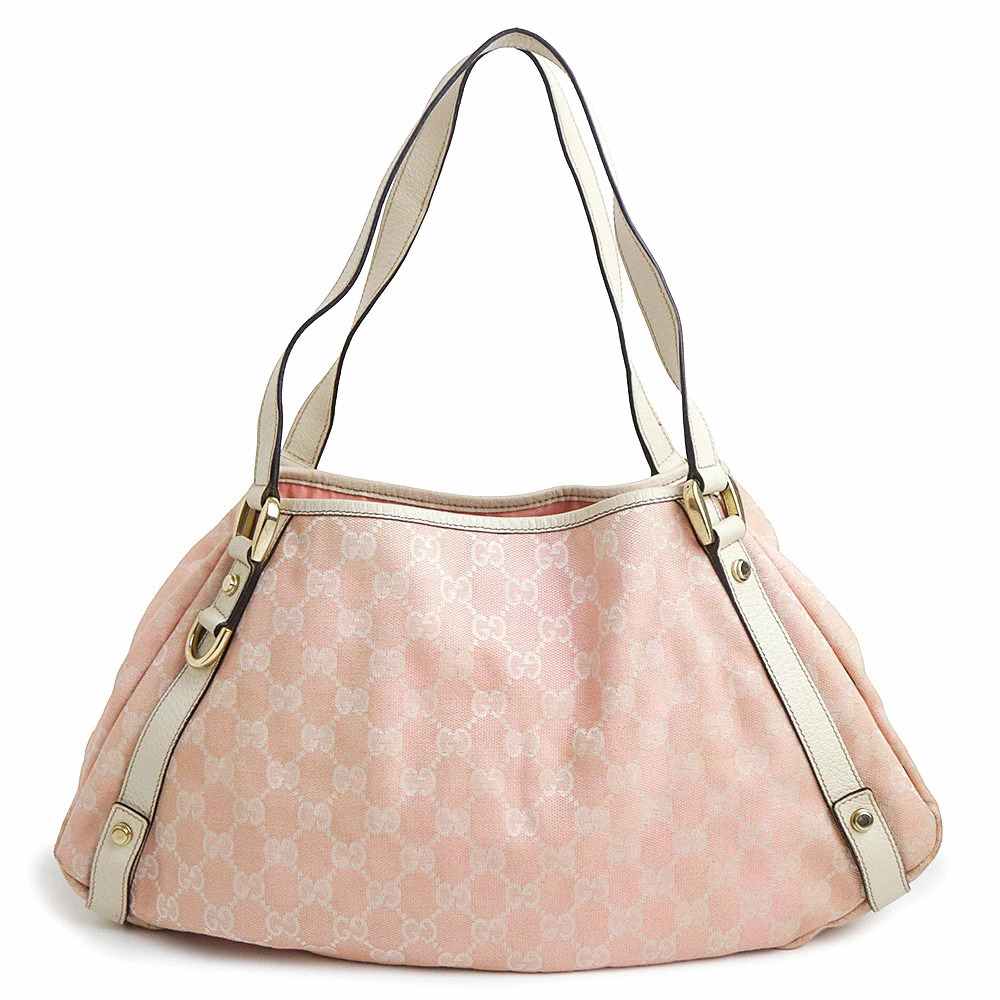 GUCCI Abbey GG Canvas Calfskin Pink Ivory White Tote Bag Leather